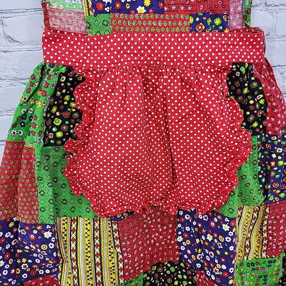 Vintage 70s Patchwork Apron Full Colorblock‎ Housedress Prairie Cottagecore Flaw